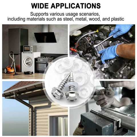 840pcs 410 Stainless Steel Self Tapping Screws Kit for Metal in various applications, includes sizes #8 #10 #12 #14 with rubber washers.