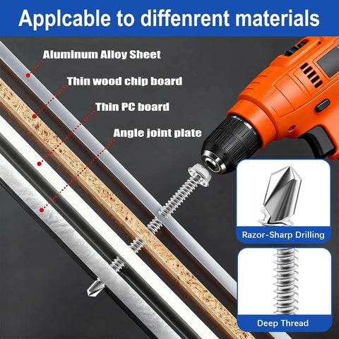 Power drill using 410 Stainless Steel Self Tapping Screws on metal, wood, and PC board with razor-sharp drilling capability.
