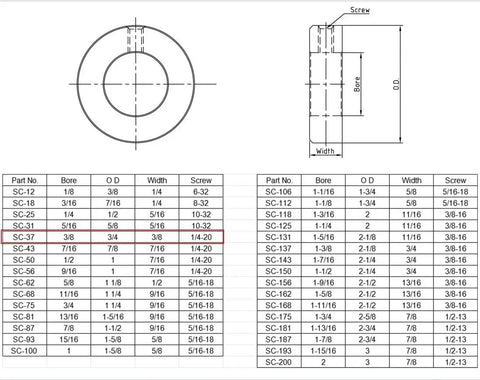 Technical diagram of stainless steel axle shaft collars with set screw, highlighting dimensions like 3/8 inch bore and size options.