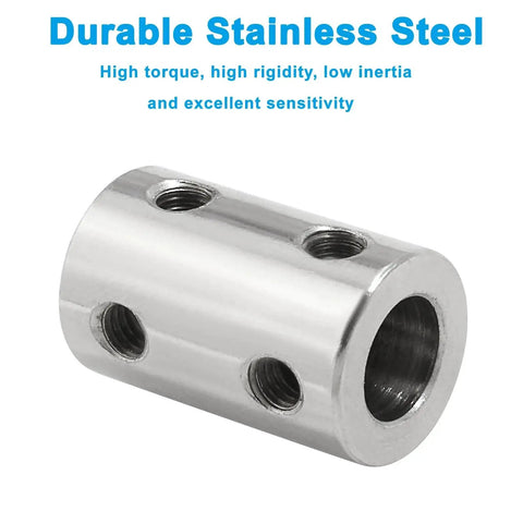 Two Piece Stainless Steel Shaft Couplings 5 Mm To 8 Mm Bore For 3D Printers Two Pack Rigid Couplers shown in durable stainless steel close-up