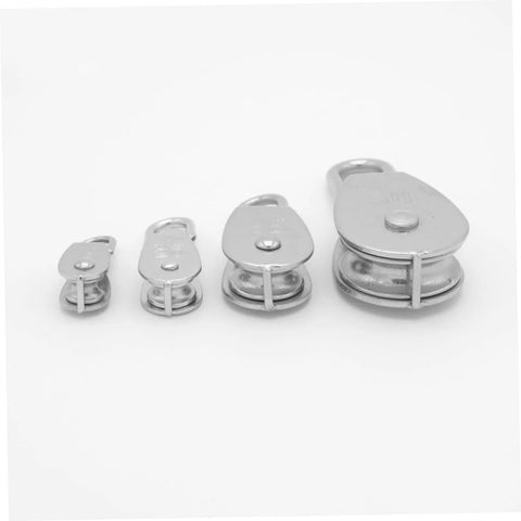 Four sizes of 35kg Stainless Steel Pulley Single Sheaved Capacity Movable Pulley Block Wheel Swivel shown in a row.