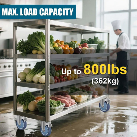 2 inch stainless steel caster wheels with total lock brakes, SUS 304 maintenance free heavy duty casters sold as a 4 pack on a food cart.
