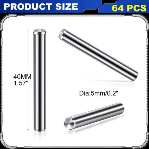 Stainless Steel Shelf Dowel Pins 5mm By 40mm, 32 Pack, Anti Rust Shelf Support Pegs displayed with dimensions.