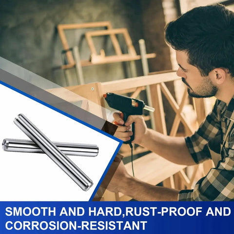 Man assembling a bookshelf with Stainless Steel Shelf Dowel Pins 5mm By 40mm, 32 Pack, Anti Rust Shelf Support Pegs, inset image of dowel pins