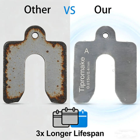 Comparison of rusted shim and new 304 stainless steel shim from 80 Piece 2 By 2 Inch Shim Stock Set With Storage Box, 3x longer lifespan