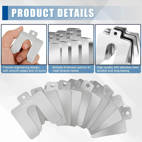 Premium Pro Grade Stainless Steel Shim Kit With 100 Slotted Shims In 2x2 Inch Size A For Leveling, multiple shims displayed