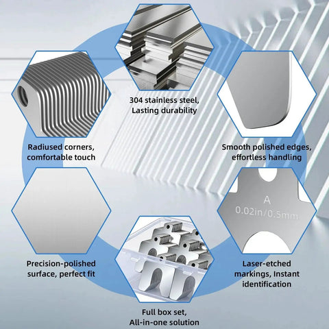 Features of 156 Piece Size A 2x2 Stainless Steel Slotted Shim Kit With Feeler Gauge And Storage Box for machinists and motor shops.