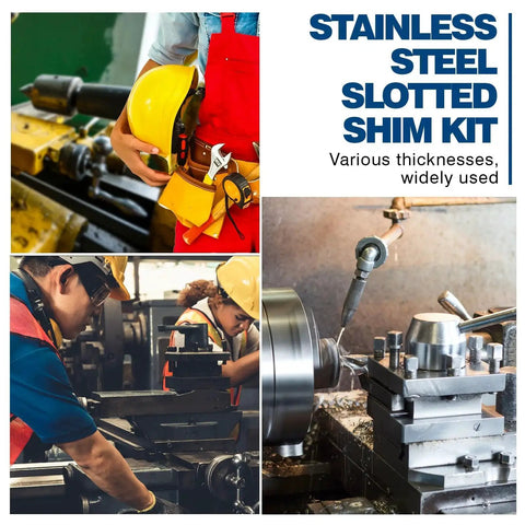 Workers using Stainless Steel Slotted Shims Kit 260 Piece Set in machining for leveling and alignment applications.