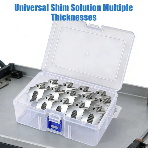 156 Piece Size A 2x2 Stainless Steel Slotted Shim Kit With Feeler Gauge And Storage Box open on table