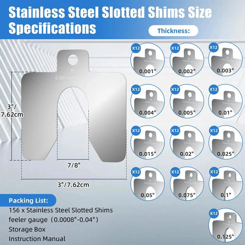 Stainless steel slotted shim size chart with 13 thickness options from 0.001 to 0.125 inches for leveling and machining