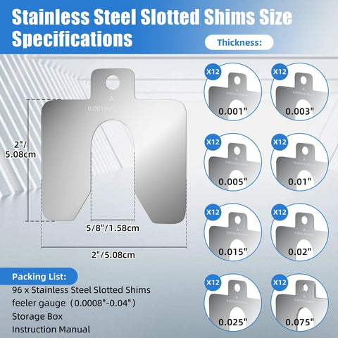 96 Piece Slotted Stainless Steel Shim Kit For Leveling And Precision Fit 2X2 Inch Shims With Feeler Gauge Specifications