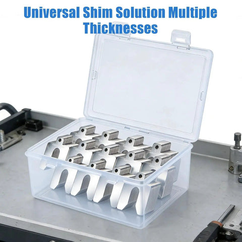 156 Piece Pro Grade Stainless Steel Slotted Shim Kit For Leveling And Machining in storage box on a metal surface