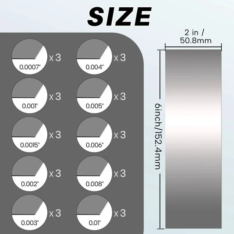 Diagram of Precision Stainless Steel Shim Stock Assortment 30 Piece Set 2 Inch Width By 6 Inch Length with thickness labels.