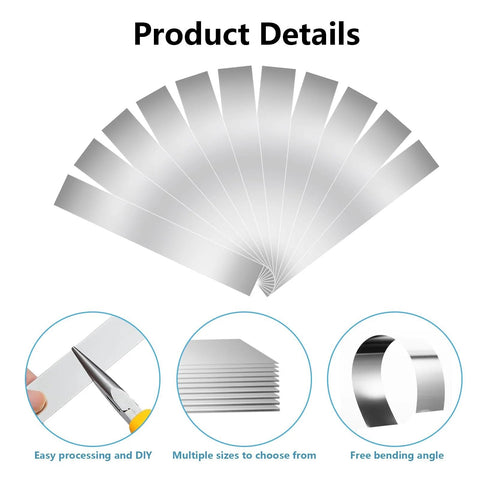 50-Piece 304 Stainless Steel Shim Stock Assortment, metal strips arranged in fan shape with icons showing processing and flexibility.