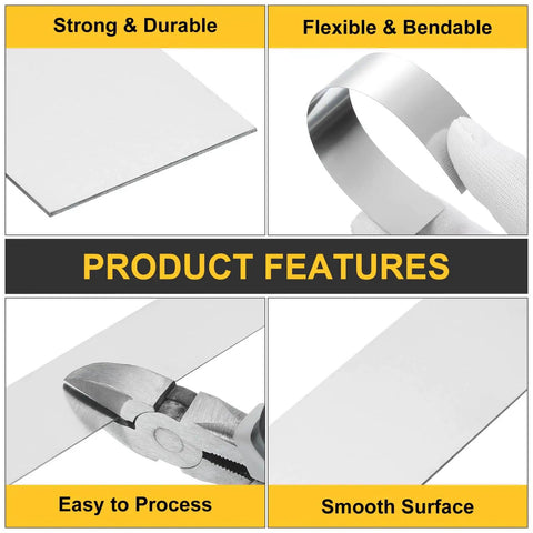 Four images showing features of Eight Pack 304 Stainless Steel Shim Stock Strips 0.8mm Thick, highlighting flexibility and smooth surface.