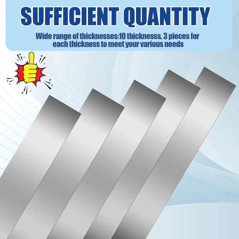 30 Piece Pro Grade Shim Stock Assortment In 304 Stainless Steel Strips 1 Inch Wide By 6 Inch Long Thicknesses From 0.0007 To 0.01 Inch Across Ten Sizes