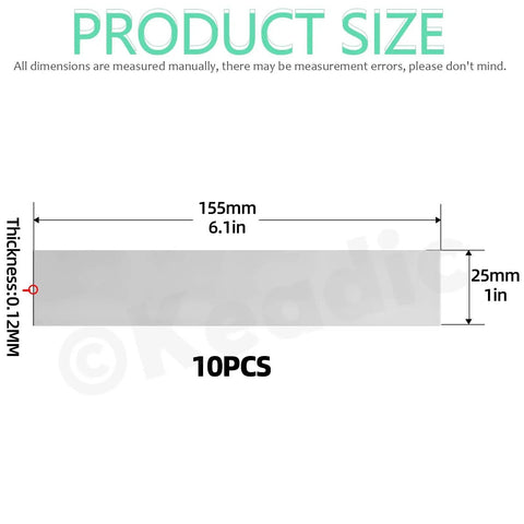Diagram showing dimensions of 10Pcs Stainless Steel Shim Stock Set For DIY Auto Repairs And Machinery, 1 Inch Wide By 6 Inch Long, 0.005 Inch Thick.