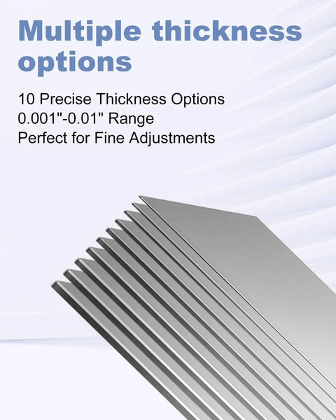 Premium Pro Grade 304 Stainless Steel Shim Stock Set 30 Pcs showing multiple thickness options 0.001 to 0.01 inch