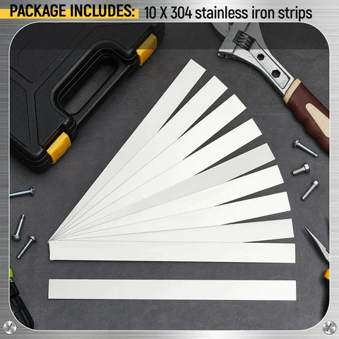 Quality Stainless Steel Shim Stock Set By Amylove, 10 Pcs Metal Strips Gap Filler 0.02 Inch Thick, tools and screws on surface