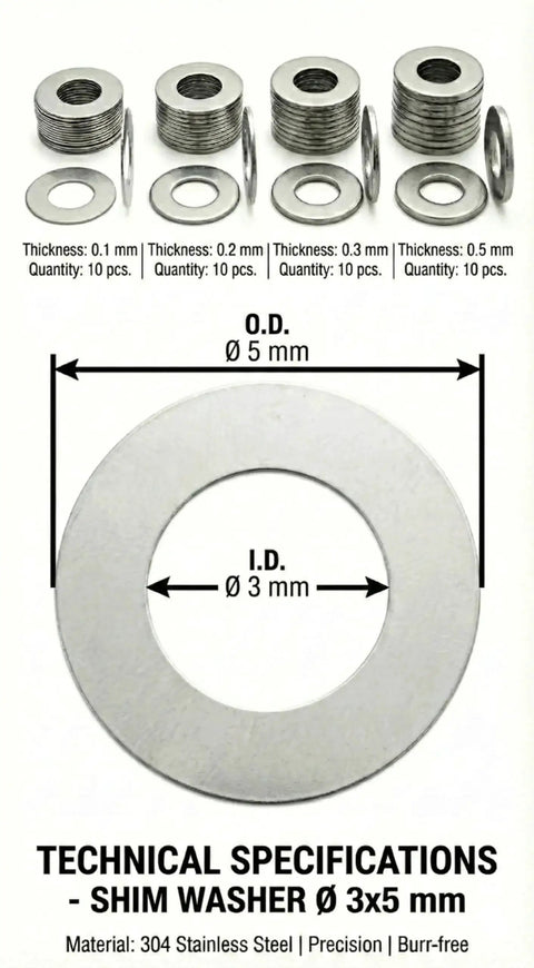 Shim Washers Stainless Steel 3x5 Precision Spacer Kit For Bearings Gearboxes CNC And RC Tuning Assortment 40 Pieces, thickness 0.1-0.5 mm.