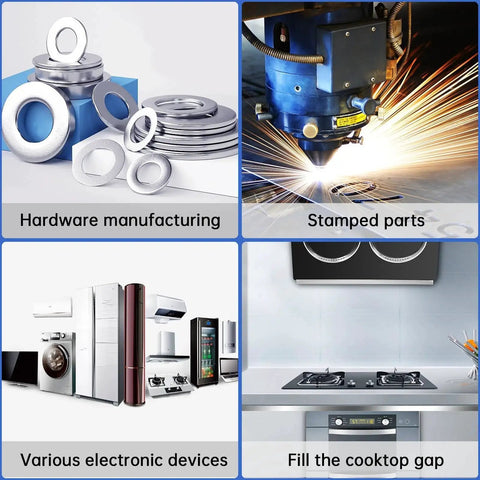 Collage showing hardware manufacturing, stamped parts, electronic devices, and kitchen cooktop gap filling with metal strips