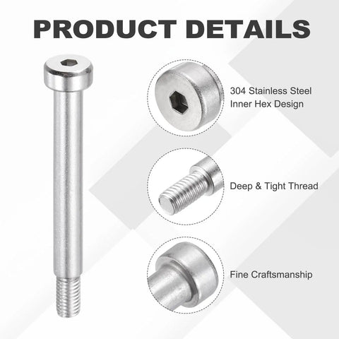 Detailed view of 4 Pack 304 Stainless Steel Shoulder Bolts with 6mm shoulder diameter and 40mm length, hex design and fine craftsmanship