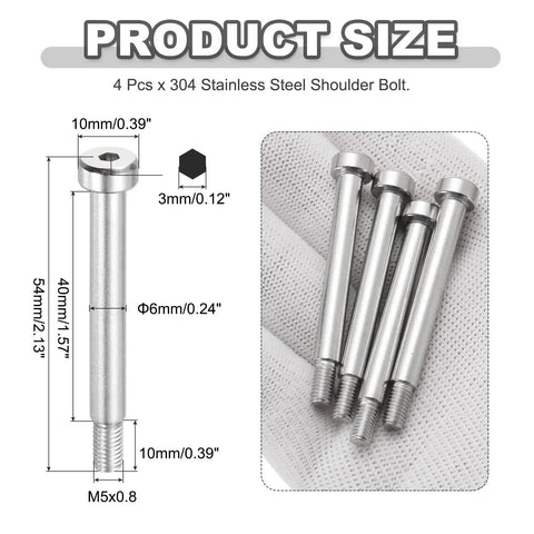 4 Pack 304 Stainless Steel Shoulder Bolts With 6mm Shoulder Diameter And 40mm Shoulder Length M5x0.8 Thread Hex Socket Heavy Duty