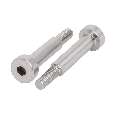 Close-up of 304 stainless steel hex socket shoulder bolt set, 5-pack, with 5mm shoulder diameter, 20mm length, M4 thread.