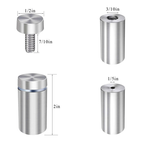 Half Inch Diameter Two Inch Stainless Steel Sign Standoffs Screws For Acrylic Wall Mounts 16 Pack showing different dimensions