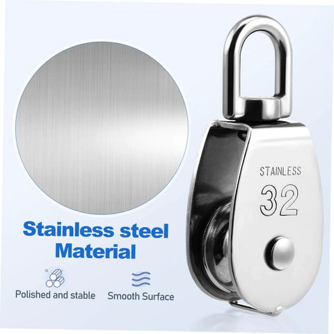 Close-up of polished 3pcs Stainless Steel Pulley Single Block Heavy Duty Cable Pulley for Rope Swivel Roller with material detail