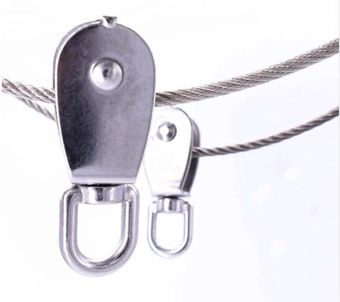 2-Pack M15 Single Pulley Block Stainless Steel Heavy Duty Hardware Single Wheel Swivel Rigging Lifting Wheel Fixed Pulley for Wire Rope Loading 35kg installed on wire rope