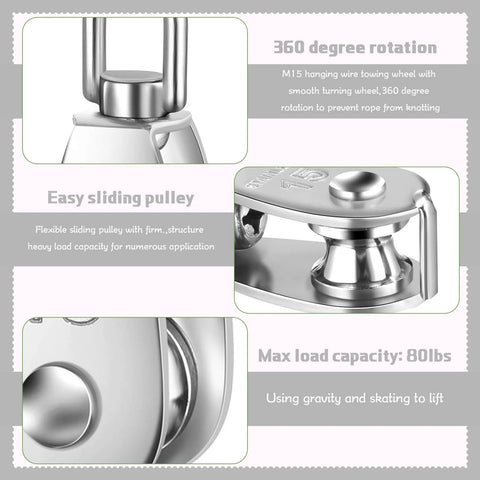 Close-up of 30 Pcs Single Pulley Block System 304 Stainless Steel Pulley Wheel Hanging Wire Towing Wheel with 30 Pcs Spring Snap Hook