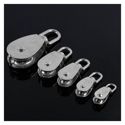 Stainless Steel Pulley M25 Single Wheel Swivel Lifting Rope Pulley Set in various sizes on black background