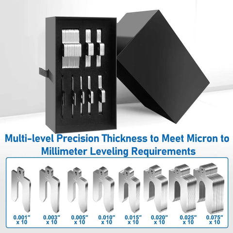 80 Piece Size A 2 By 2 Inch Stainless Steel Slotted Shim Go To Pro Grade Shop Kit with Box shown open with shims visible.