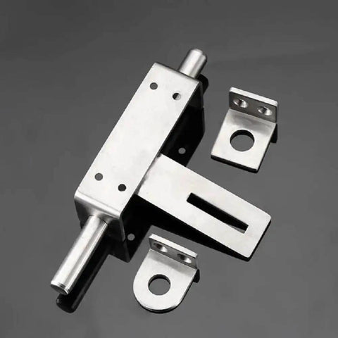 Sliding Bolt Gate Latch with Padlock Hole Heavy Duty 304 Stainless Steel Barrel Door Latch on black surface, components visible