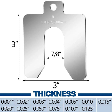 Stainless Steel Slotted Shims Kit 260 Piece Set with Storage Box 3 by 3 Inches, shim thickness chart from 0.001 to 0.125 inches.