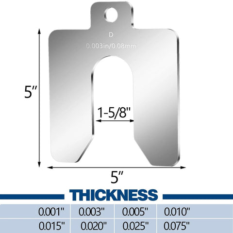 Stainless Steel Slotted Shim Kit 80 Piece Set Size D 5 Inch By 5 Inch with thickness options and measurements shown.