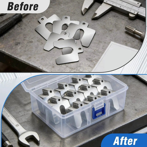 156 Piece Size A 2x2 Stainless Steel Slotted Shim Kit With Feeler Gauge And Storage Box on workbench, before and after view