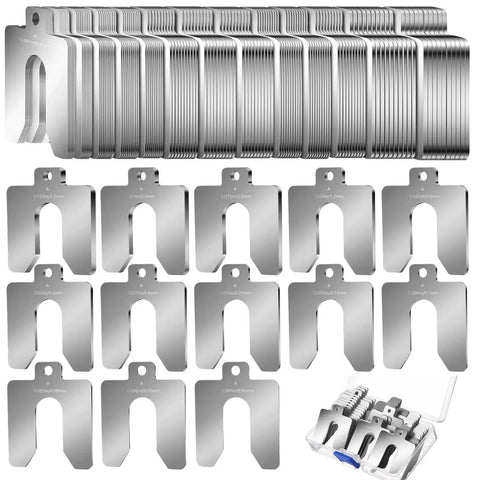 260 Piece 2 By 2 Inch Stainless Steel Slotted Shim Set With Storage Box 13 Thicknesses From 0.001 To 0.125 Inches displayed