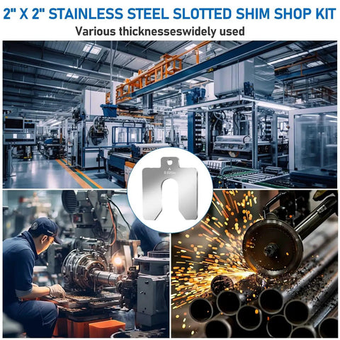 80 Piece Size A 2 By 2 Inch Stainless Steel Slotted Shim Go To Pro Grade Shop Kit with Box, shown in industrial setting