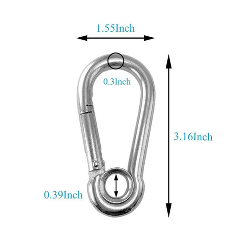 Stainless Steel Snap Hook Carabiner Clip With Eyelet M8, Five Sixteenth Inch Opening, Three Inch Length, 400 Lb Working Load, Front View