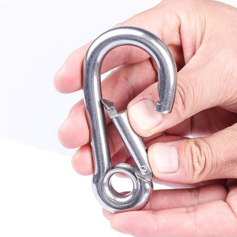 Stainless Steel Snap Hook Carabiner Clip With Eyelet M8, Five Sixteenth Inch Opening, Three Inch Length, 400 Lb Working Load, Four Pack