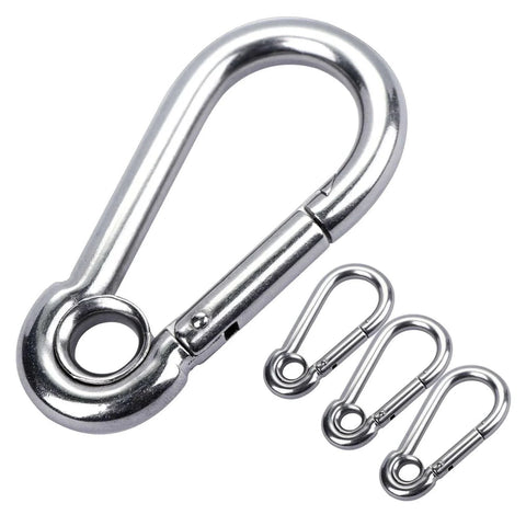 Stainless Steel Snap Hook Carabiner Clip With Eyelet M8, Five Sixteenth Inch Opening, Three Inch Length, 400 Lb Working Load, Four Pack