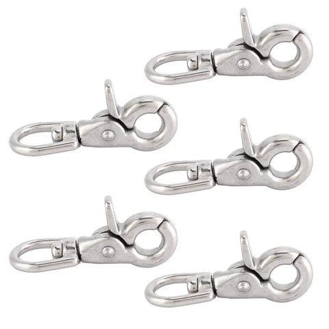 Five stainless steel trigger swivel snap hooks, 65mm, marine-grade, polished finish
