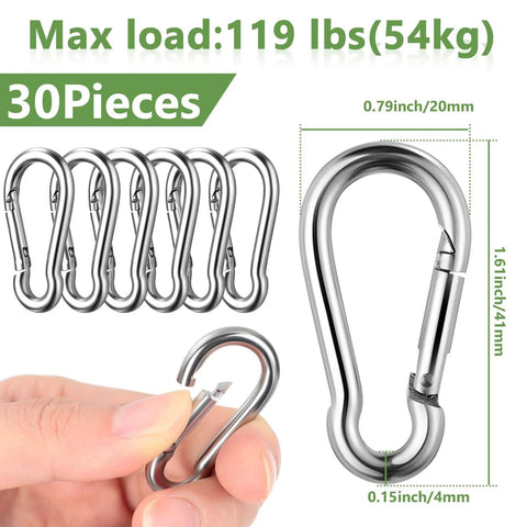 Close-up of a hand holding a spring snap hook from the 30 Pcs Single Pulley Block System 304 Stainless Steel Pulley Wheel set.