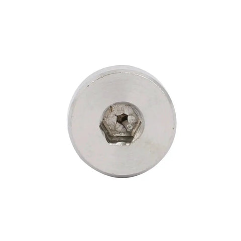 Top view of Heavy Duty Hex Socket Shoulder Bolt Set by Uxcell, silver tone, 304 stainless steel, 10mm diameter, 60mm length, M8 thread, 2 pack.