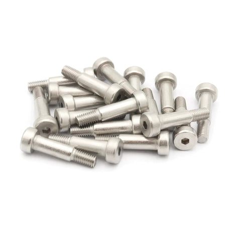 Pile of Heavy Duty 304 Stainless Steel Hex Socket Shoulder Bolts Pack Of 30 6mm X M5 X 15mm with socket cap head, silvery finish.