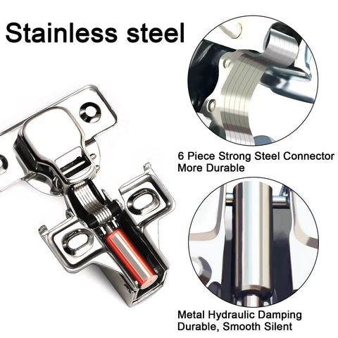Close-up of stainless steel 24 Pack Half Inch Overlay Soft Close Cabinet Hinges, highlighting strong steel connectors and hydraulic damping.