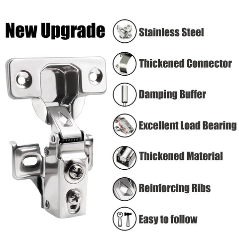 Close-up of stainless steel 24 Pack Half Inch Overlay Soft Close Cabinet Hinges with features like dampening buffer and thickened material