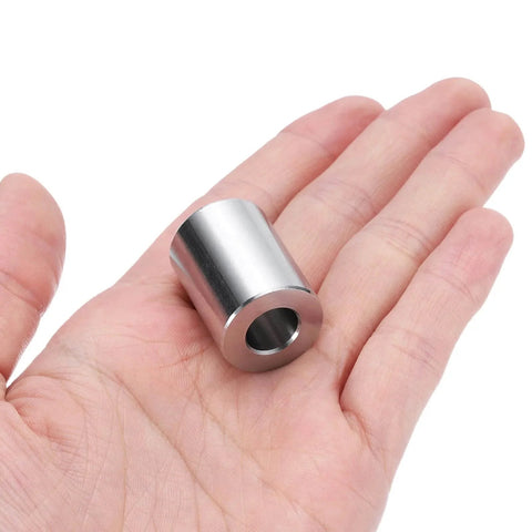 10 Pack Stainless Steel Spacer Three Eighths Inch Bore Three Quarters Inch Outer Diameter One Inch Length Standoff Bushing in hand